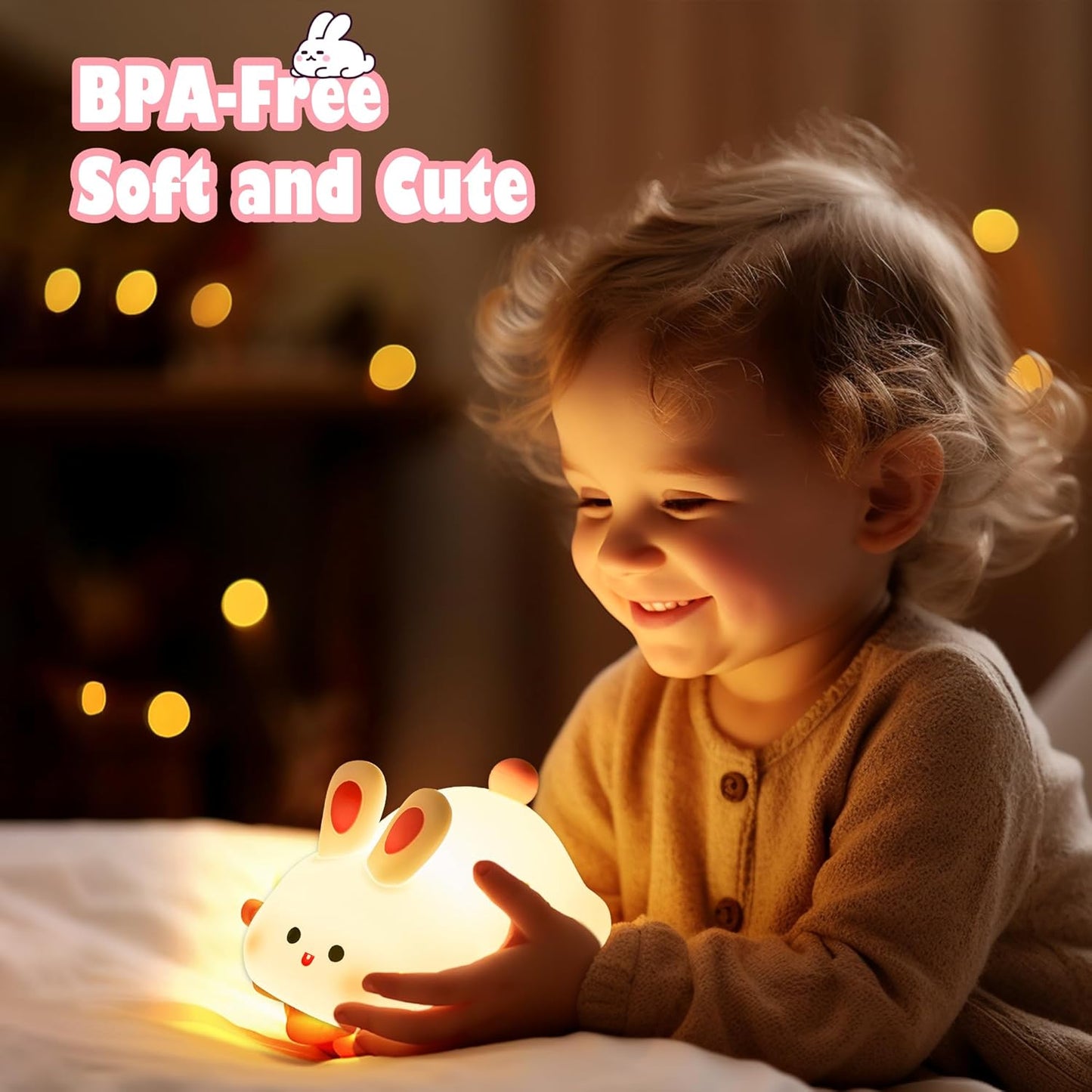 Cute Rabbit Night Light for Kids,Portable Soft Silicone lamp, Nursery Night light,Rechargeable Bunny Nightlight, Bedroom Decor