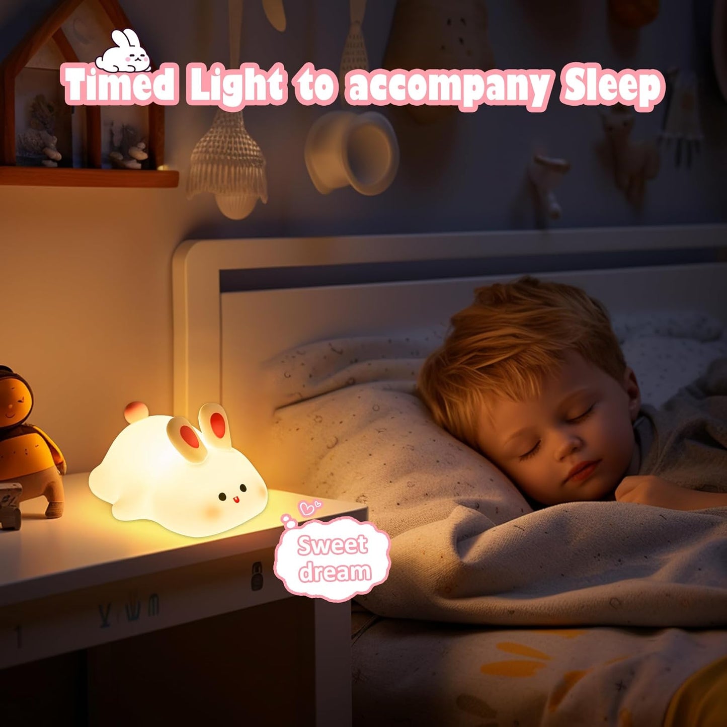 Cute Rabbit Night Light for Kids,Portable Soft Silicone lamp, Nursery Night light,Rechargeable Bunny Nightlight, Bedroom Decor