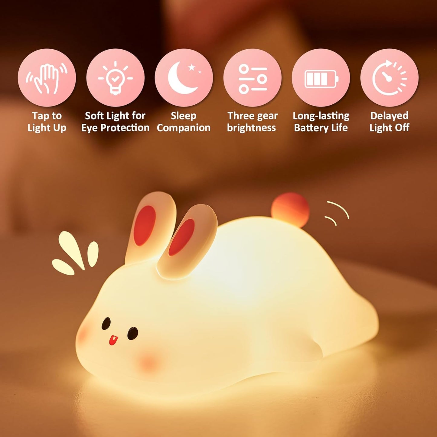 Cute Rabbit Night Light for Kids,Portable Soft Silicone lamp, Nursery Night light,Rechargeable Bunny Nightlight, Bedroom Decor